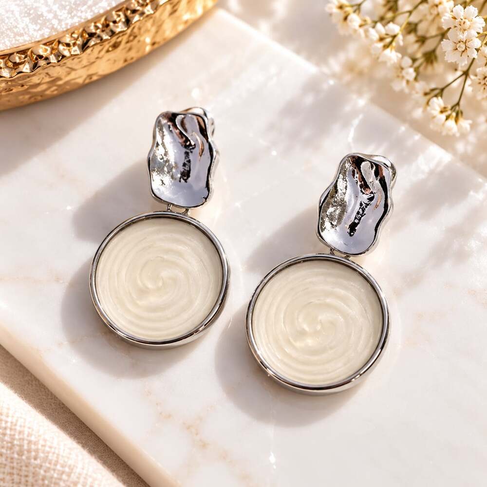 Silver Ivory Drop Earrings Swirl Disc Statement Earrings Modern Minimalist